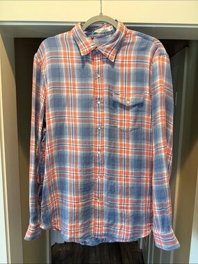 Men's Blue & Orange Plaid Button-Up Shirt by Criquet with pearl snaps